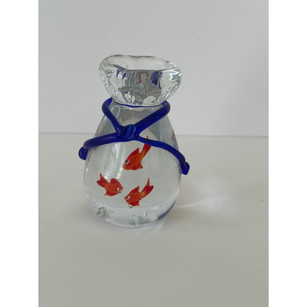 Vintage MCM Penco Glass Paperweight With Red Fish Design Blue Accents Clear Bag
